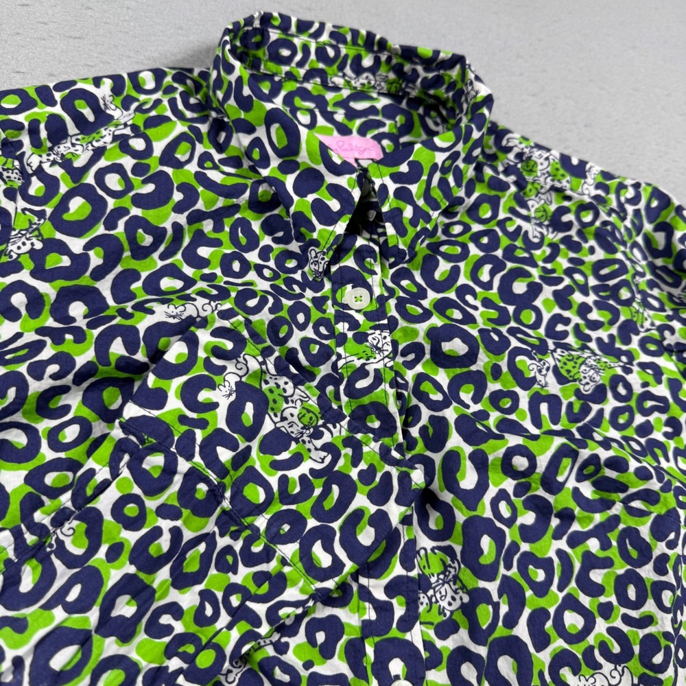 Lilly Pulitzer Leopard Animal Print Green Navy Blue Cotton Button Up Shirt 4